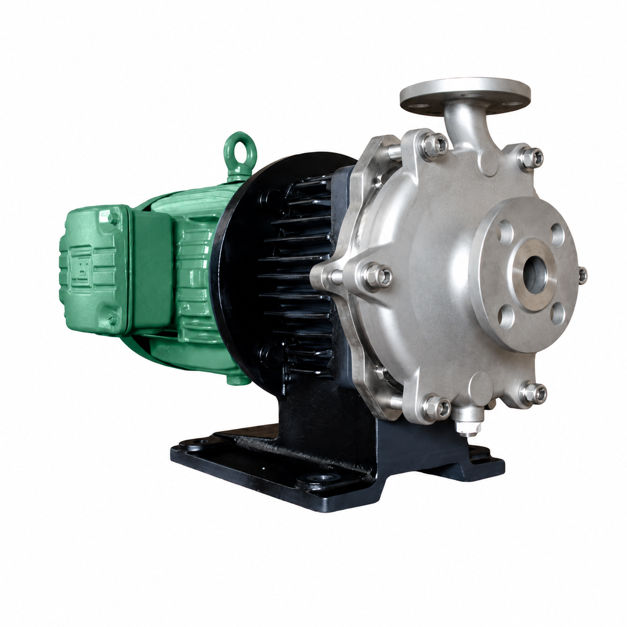 Stainless steel end-suction centrifugal pump with green electric motor