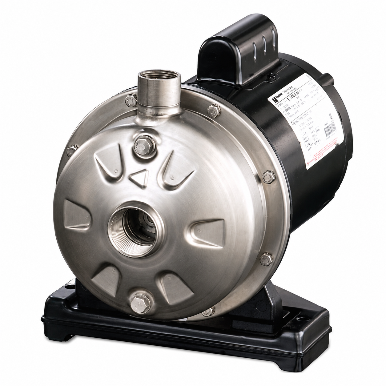 Stainless steel close-coupled industrial water pump with black motor housing