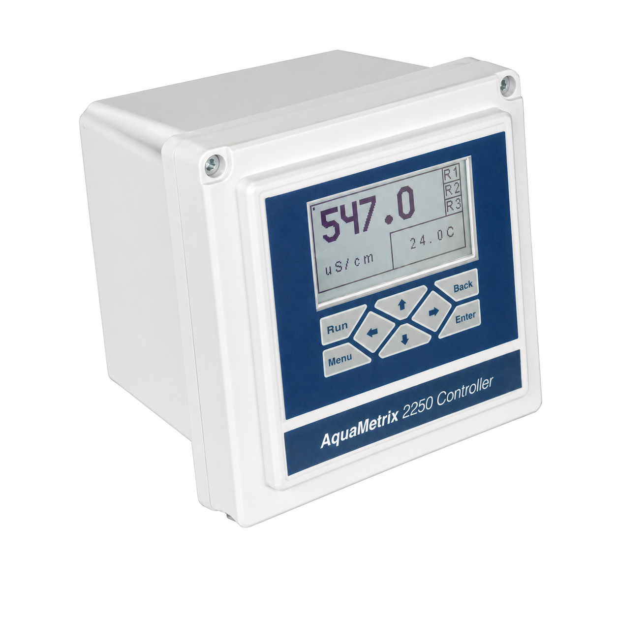 AquaMetrix 2250 controller displaying real-time water conductivity readings