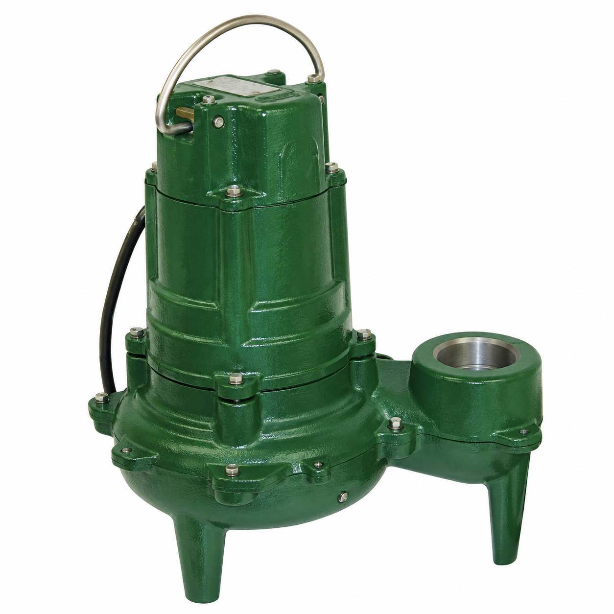 Green cast-iron submersible sewage pump with power cable and lifting handle